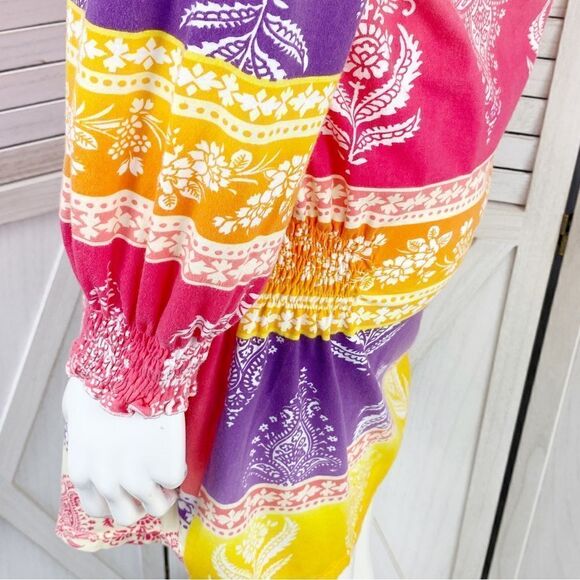 Joyous & Free Floral Damask Colorblock Tunic Dress Small Off Shoulder Smocked - Picture 7 of 13